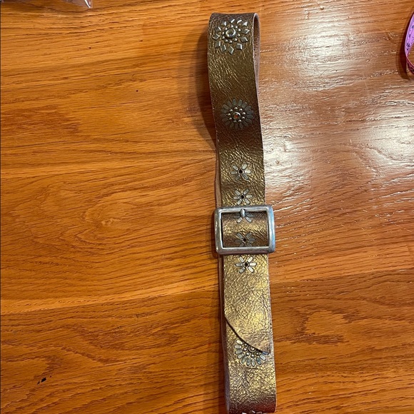 Calleen Cordero Sz 34 Bronze-Gold Leather Belt Brass Buckle Crystal Flowers Boho - Picture 10 of 16